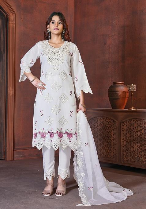 White Embroidery Viscose Roman Kurta Set