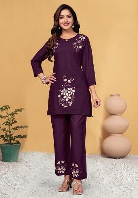 Wine Embroidered Rayon Co Ord Set