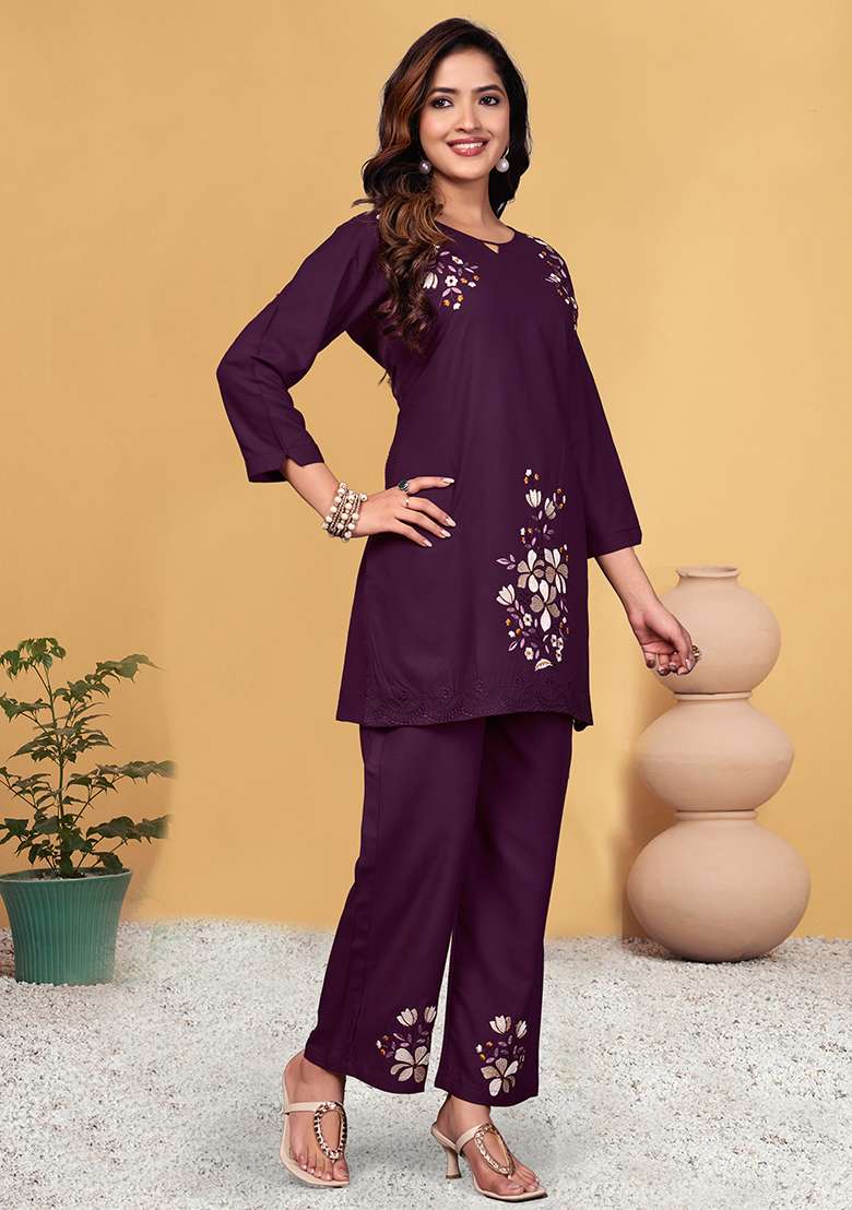 Wine Embroidered Rayon Co Ord Set - Indya