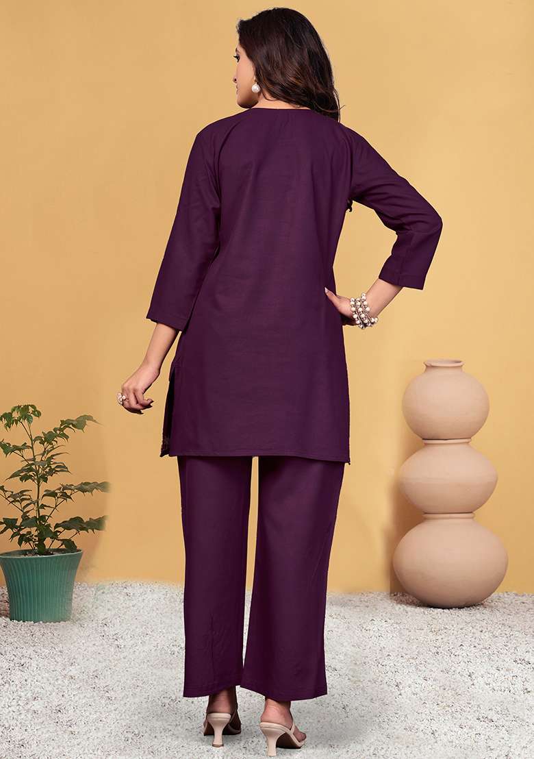 Wine Embroidered Rayon Co Ord Set - Indya