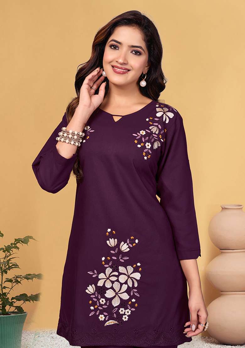 Wine Embroidered Rayon Co Ord Set - Indya