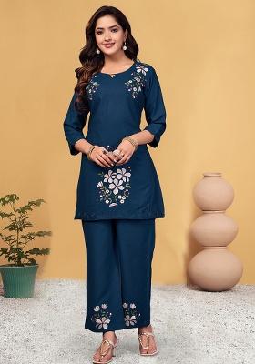 Blue Embroidered Rayon Co Ord Set