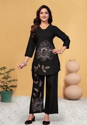 Black Embroidered Rayon Co Ord Set
