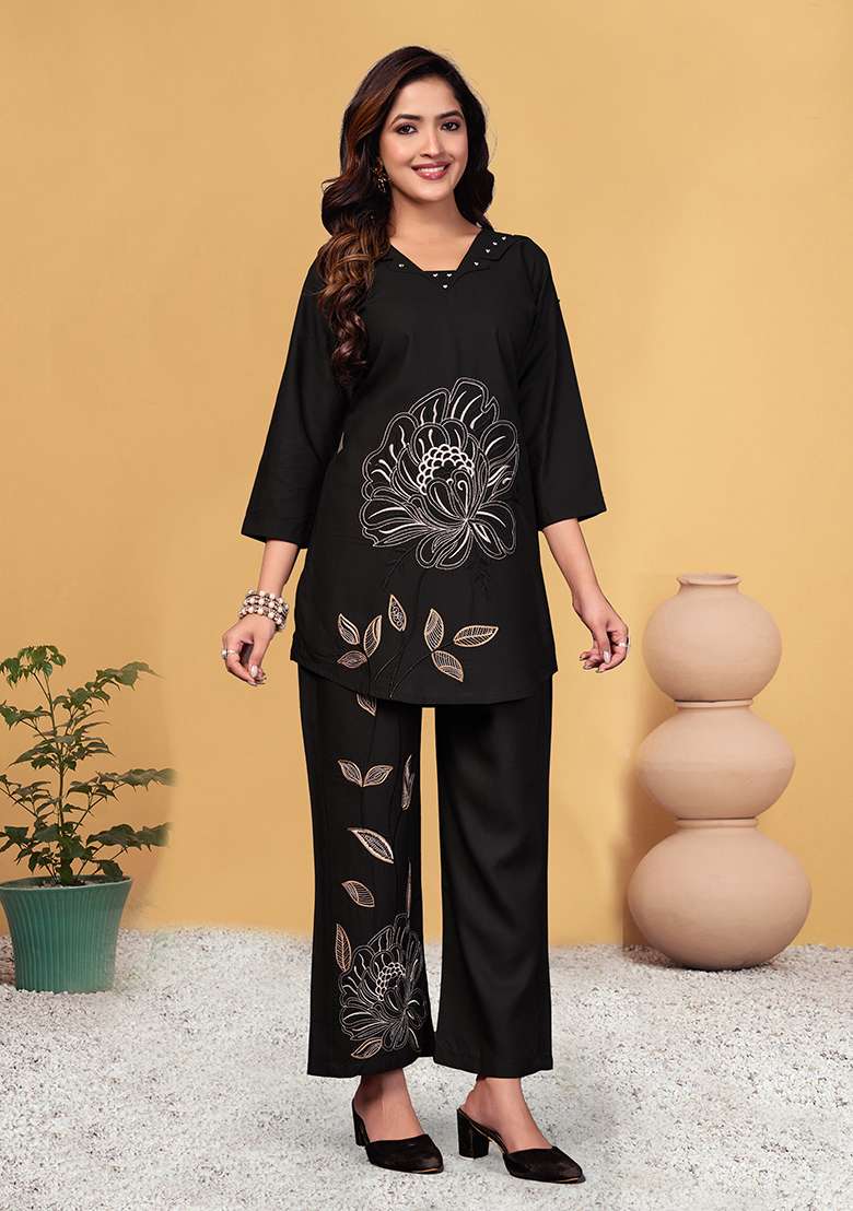 Black Embroidered Rayon Co Ord Set - Indya