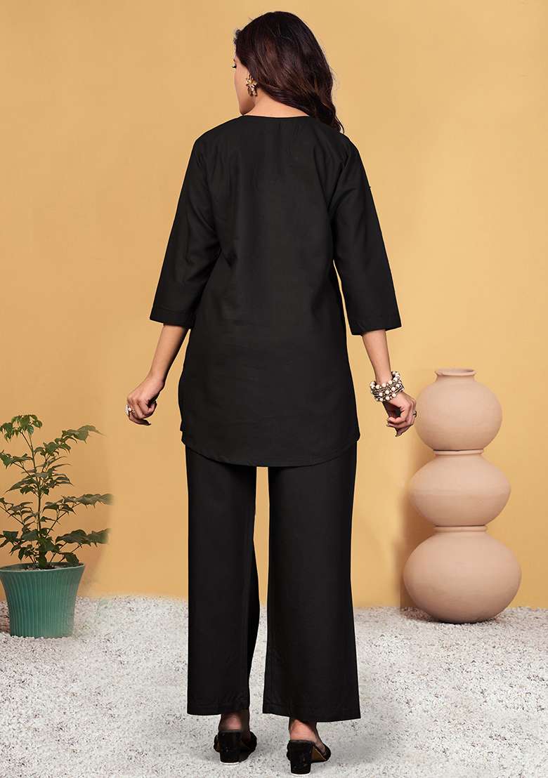 Black Embroidered Rayon Co Ord Set - Indya