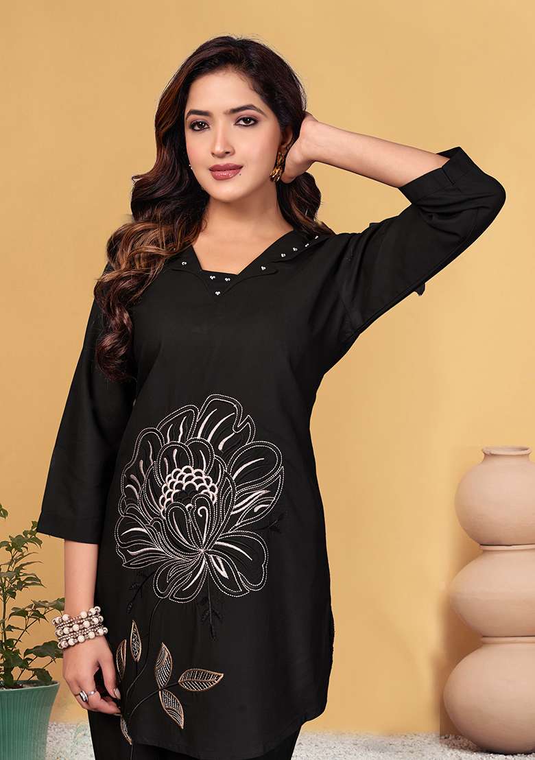 Black Embroidered Rayon Co Ord Set - Indya
