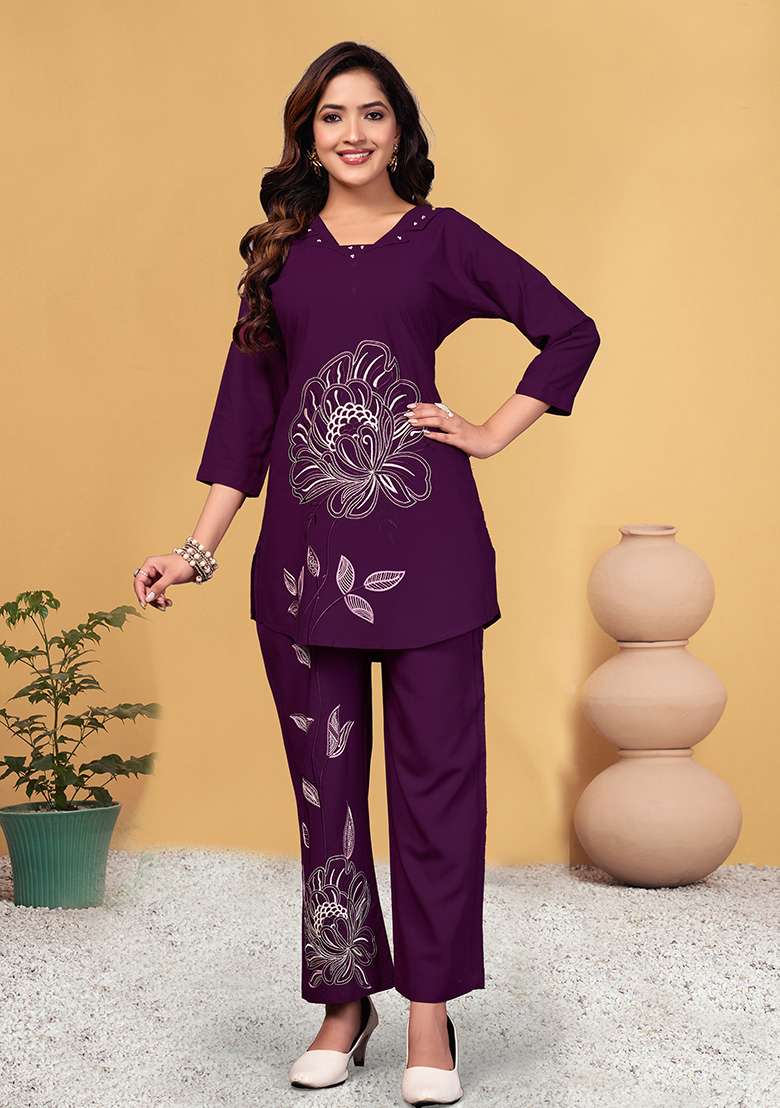 Wine Embroidered Rayon Co Ord Set - Indya