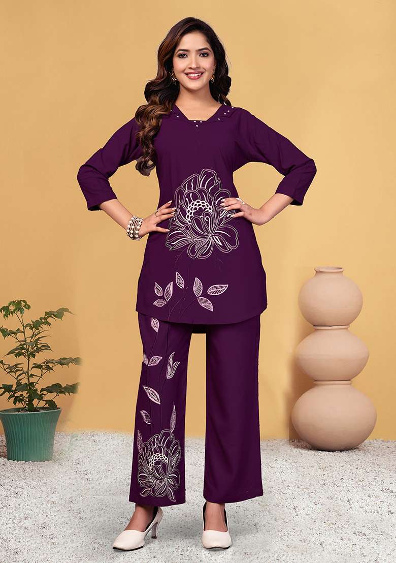 Wine Embroidered Rayon Co Ord Set - Indya