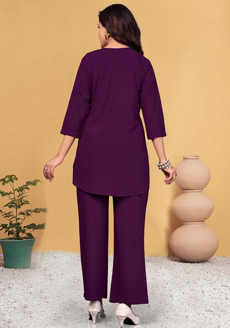 Wine Embroidered Rayon Co Ord Set - Indya