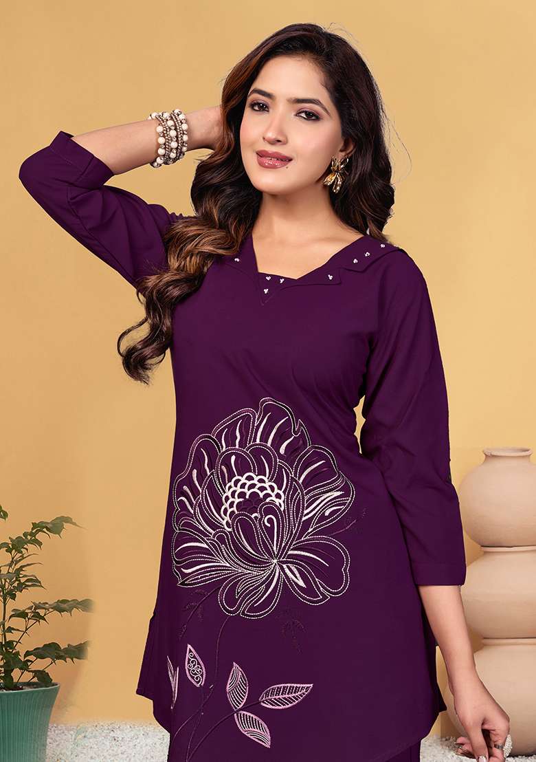Wine Embroidered Rayon Co Ord Set - Indya