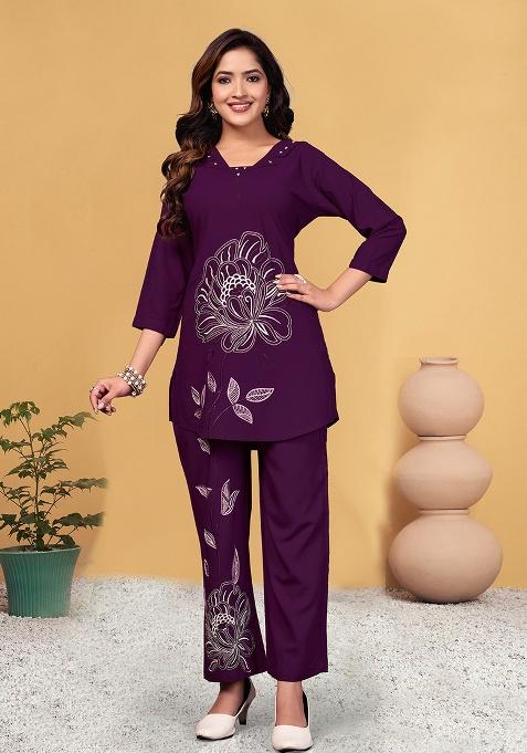 Wine Embroidery Viscose Rayon Kurta Set