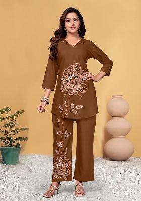 Brown Embroidery Viscose Rayon Kurta Set