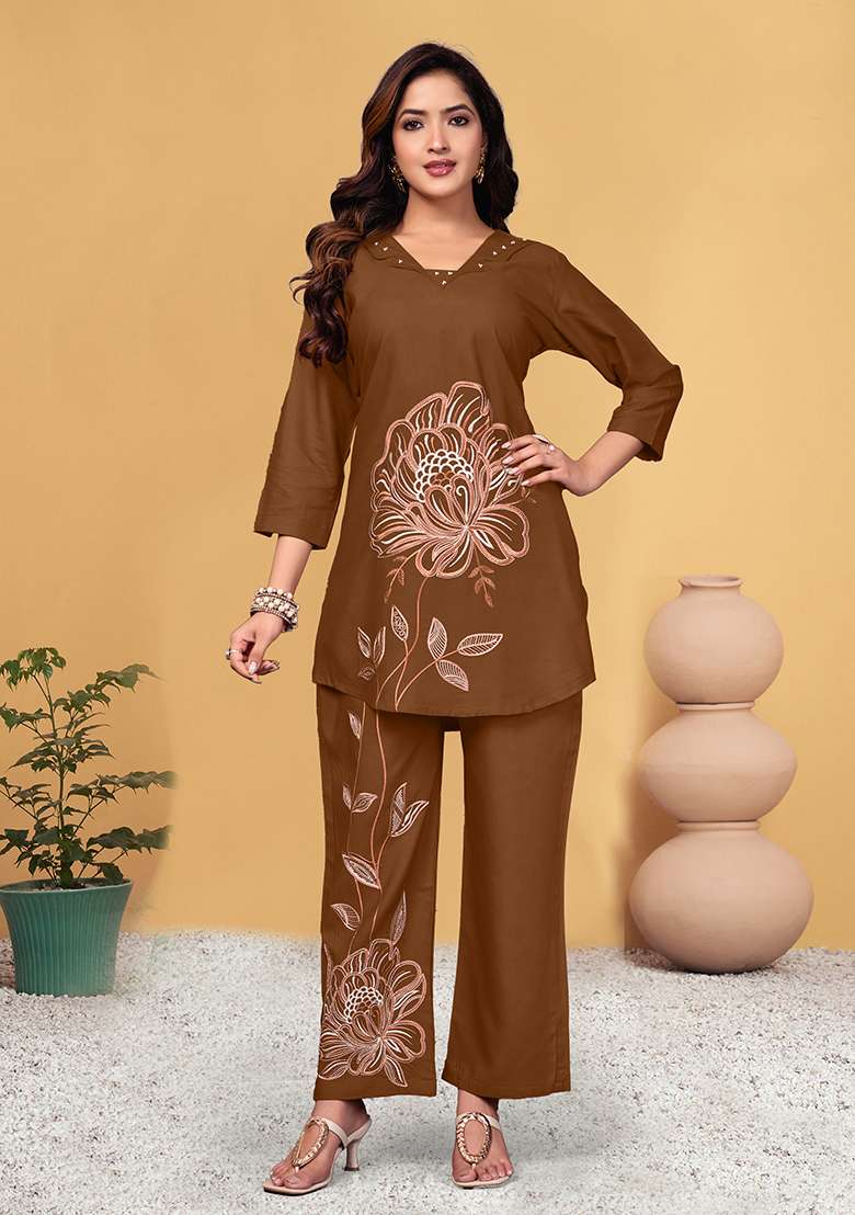 Brown Embroidered Rayon Co Ord Set - Indya