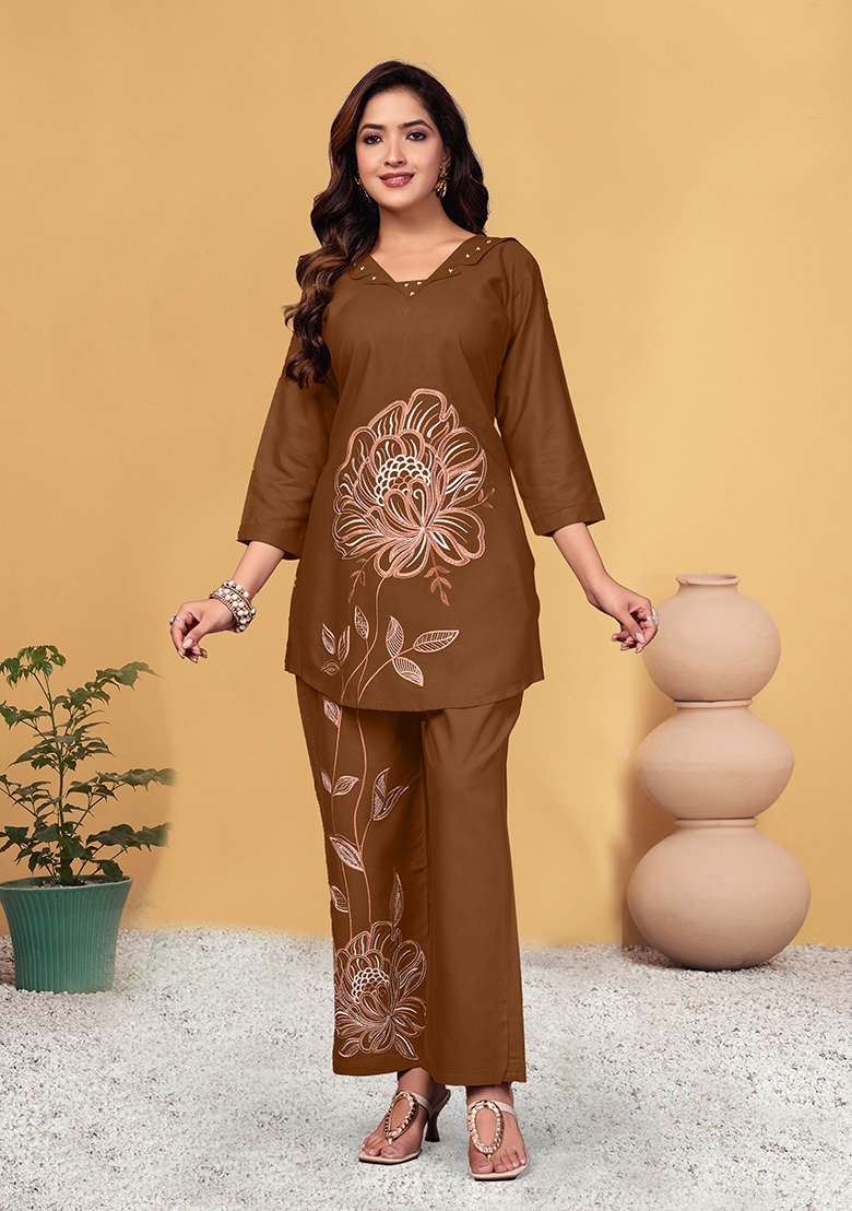 Brown Embroidered Rayon Co Ord Set - Indya