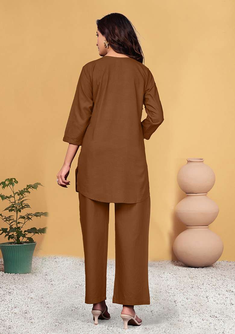 Brown Embroidered Rayon Co Ord Set - Indya