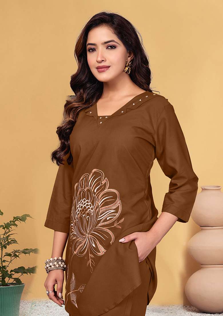 Brown Embroidered Rayon Co Ord Set - Indya