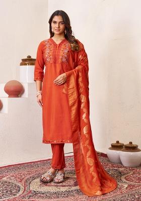 Orange Embroidery Silk Kurta Set