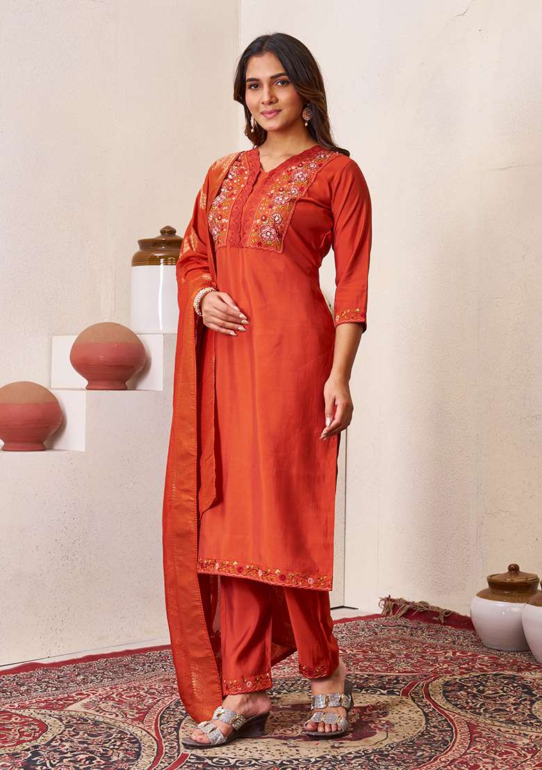 Orange Embroidered Silk Blend Straight Kurta Set - Indya