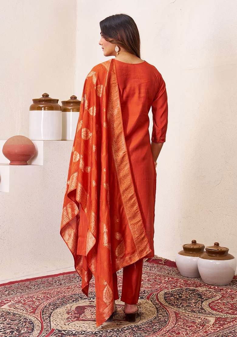 Orange Embroidered Silk Blend Straight Kurta Set - Indya