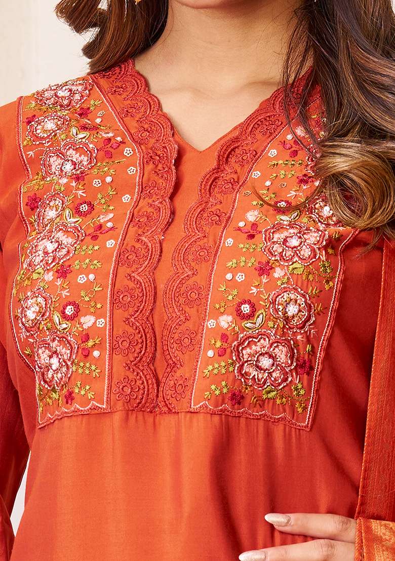 Orange Embroidered Silk Blend Straight Kurta Set - Indya
