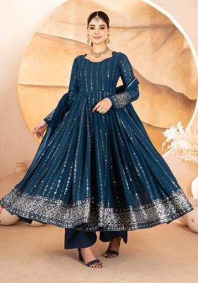 Blue Sequin Work Faux Blooming Anarkali Set