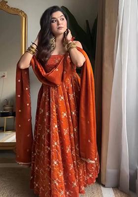 Orange Embroidered Silk Blend Anarkali Set