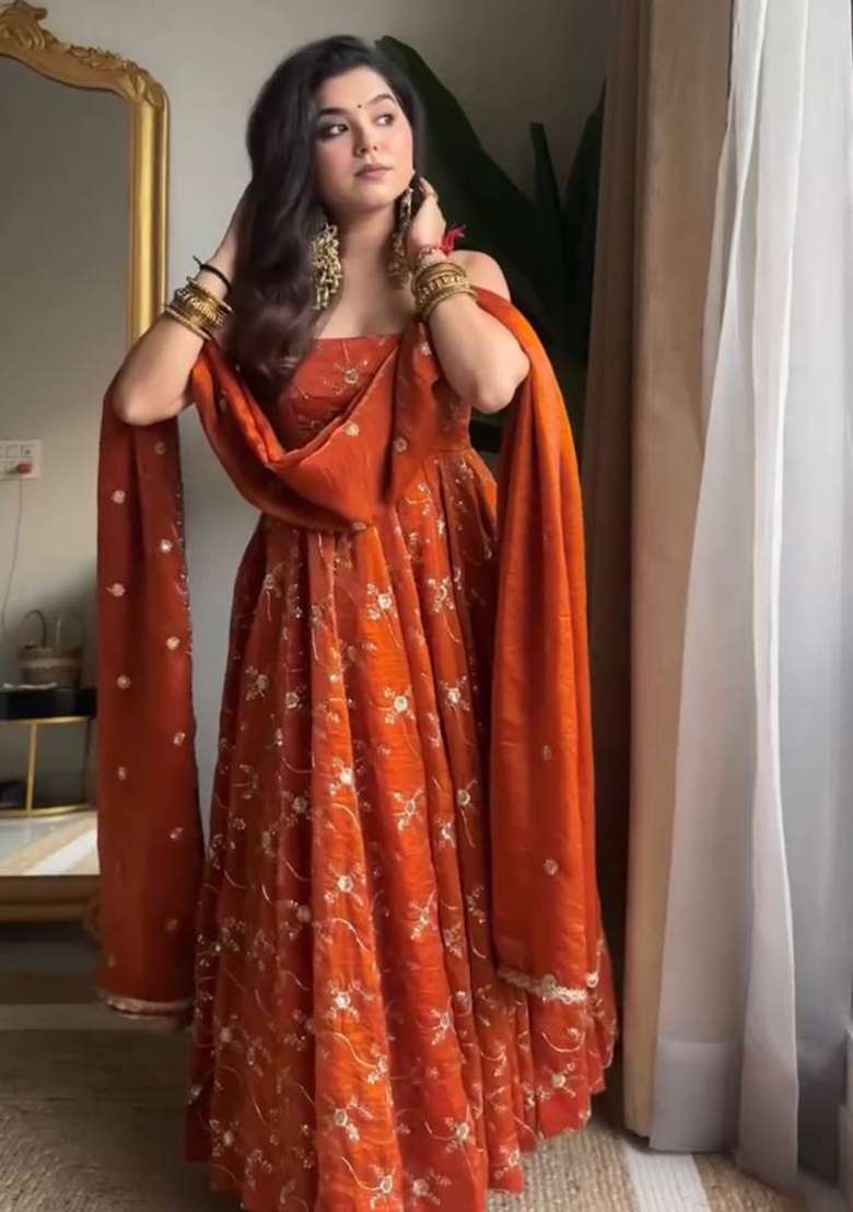 Orange Embroidered Silk Blend Anarkali Set - Indya