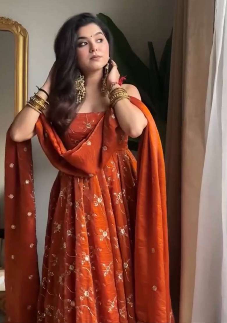 Orange Embroidered Silk Blend Anarkali Set - Indya