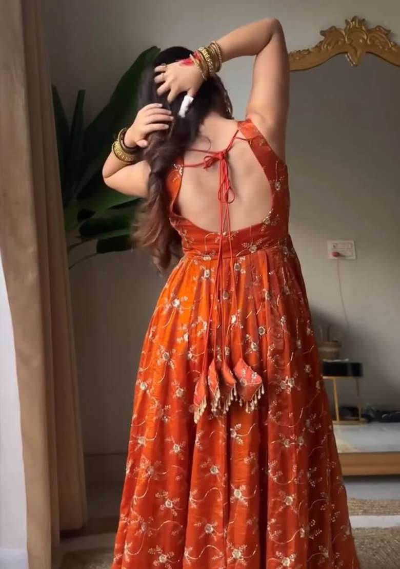 Orange Embroidered Silk Blend Anarkali Set - Indya