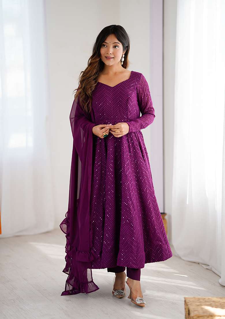 Wine Sequin Work Georgette Anarkali Set - Indya