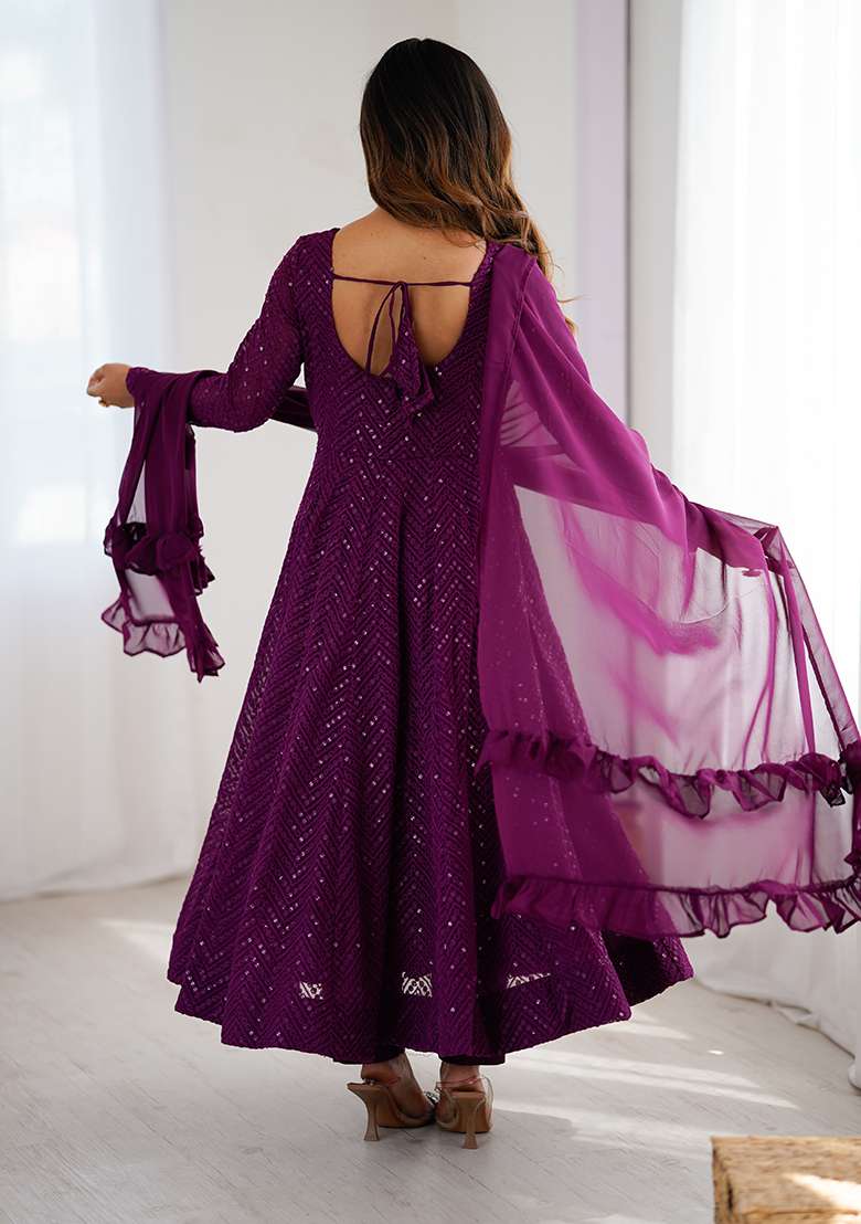 Wine Sequin Work Georgette Anarkali Set - Indya