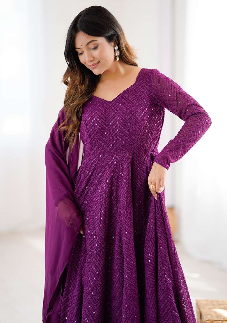 Wine Sequin Work Georgette Anarkali Set - Indya