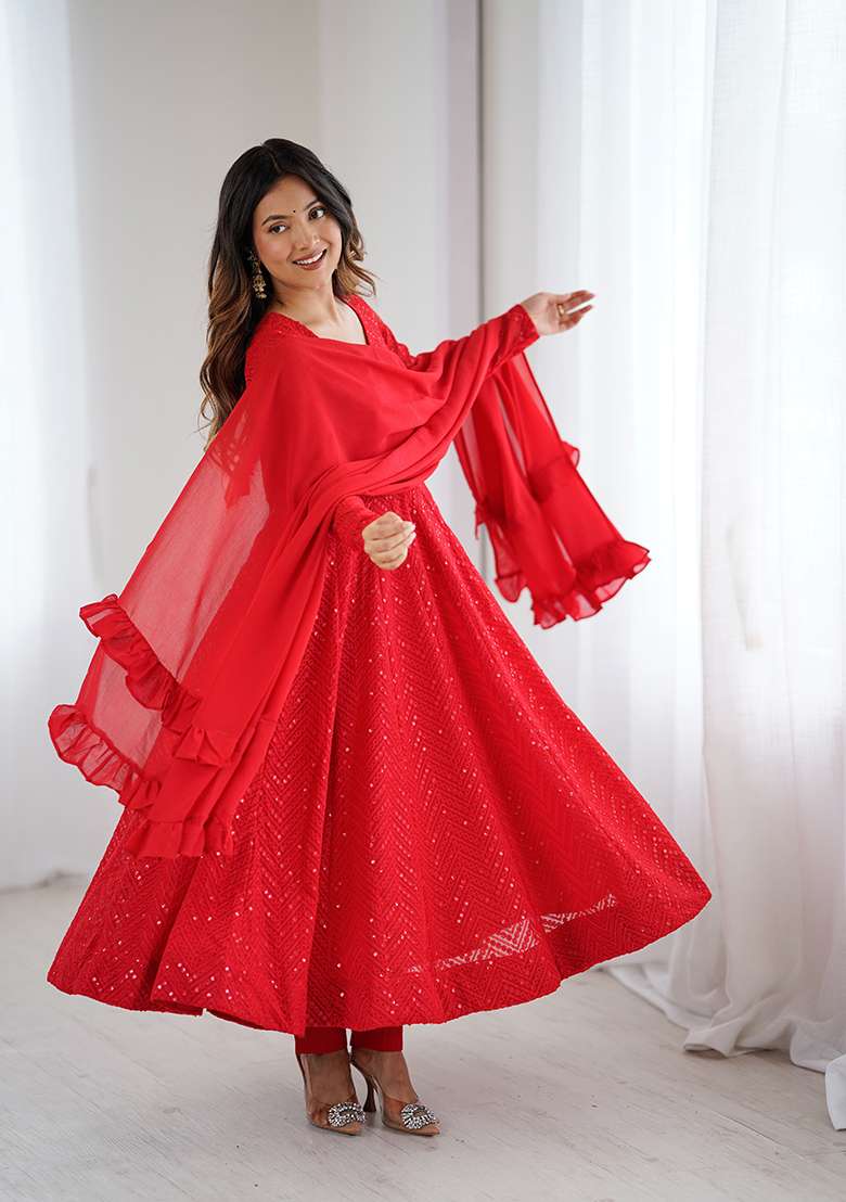 Red Sequin Work Georgette Anarkali Set - Indya