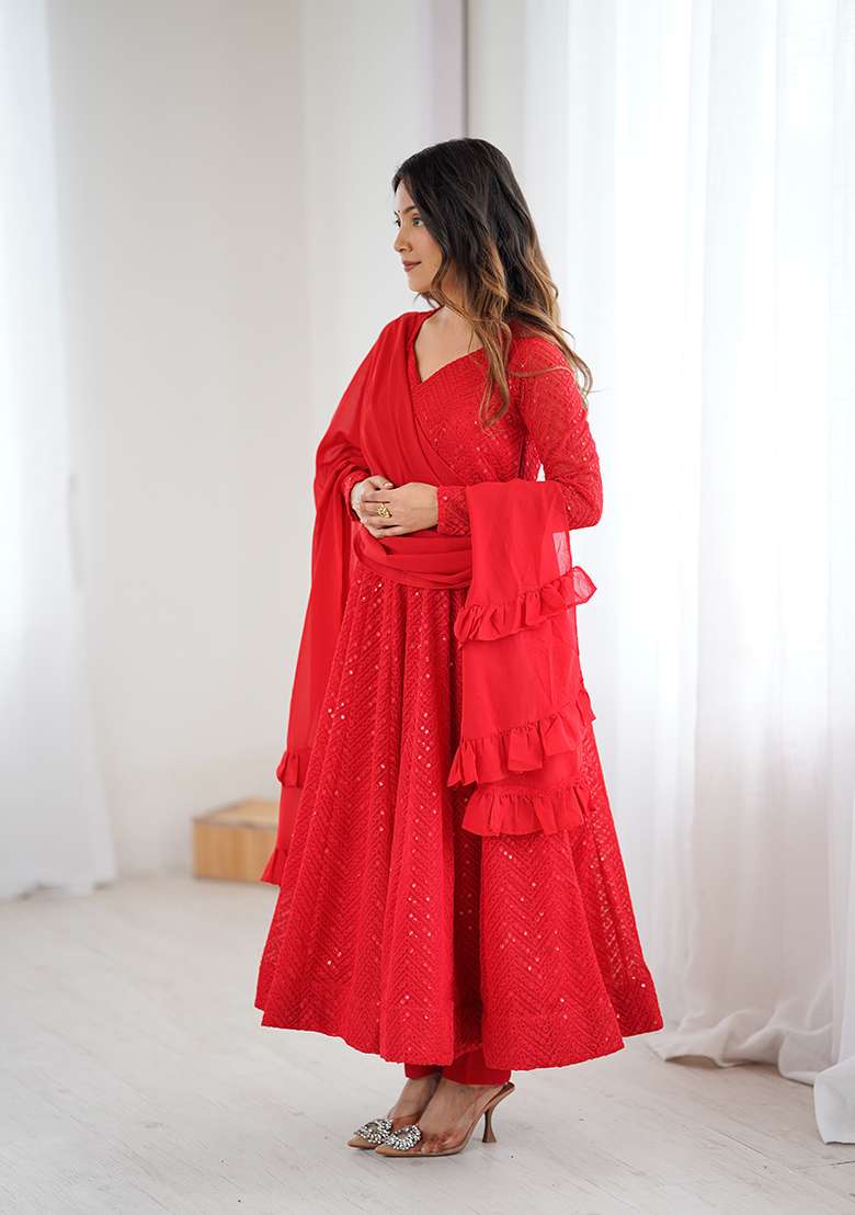 Red Sequin Work Georgette Anarkali Set - Indya