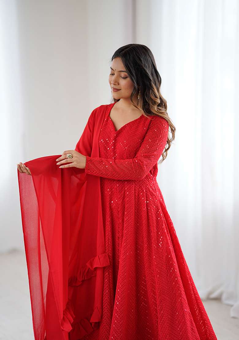 Red Sequin Work Georgette Anarkali Set - Indya