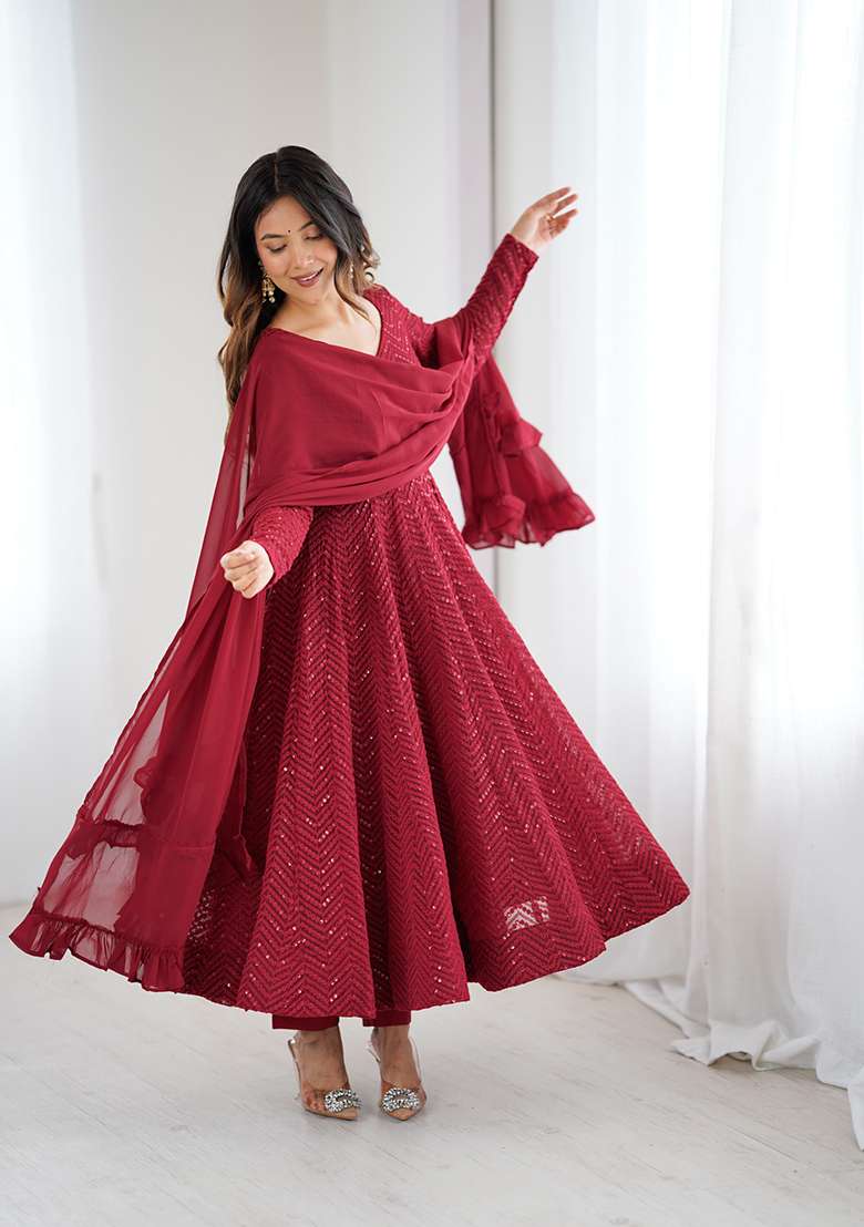 Maroon Embroidered Georgette Anarkali Set - Indya