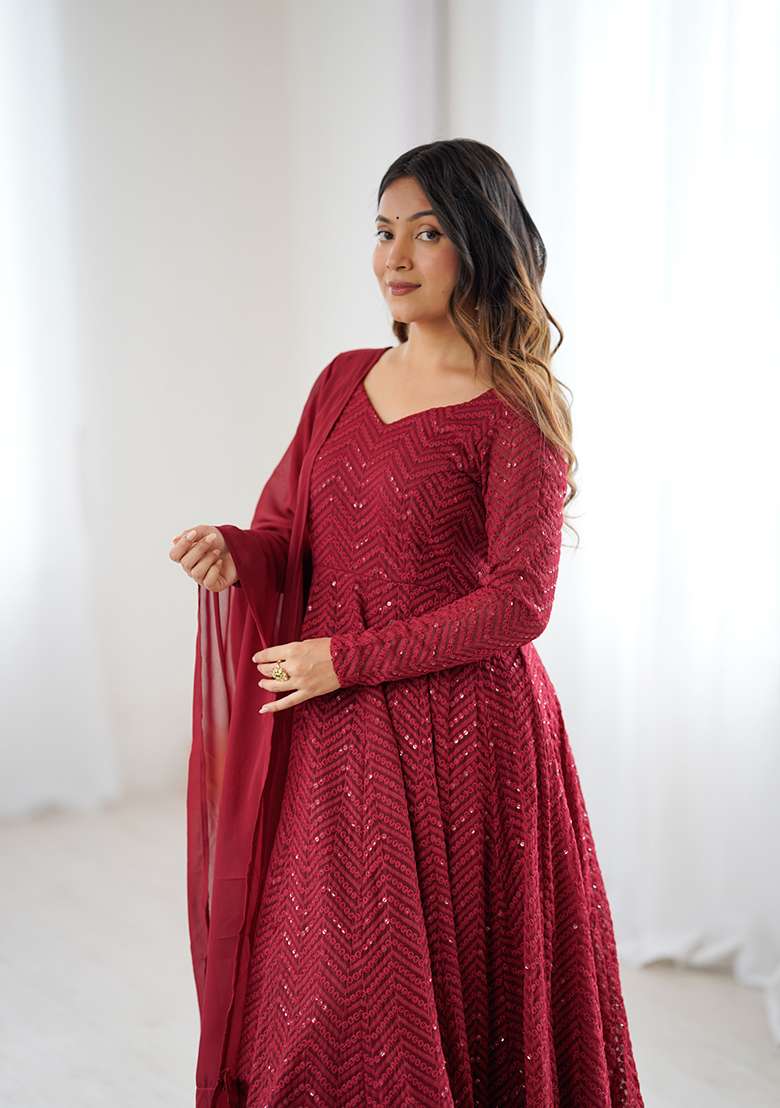 Maroon Embroidered Georgette Anarkali Set - Indya