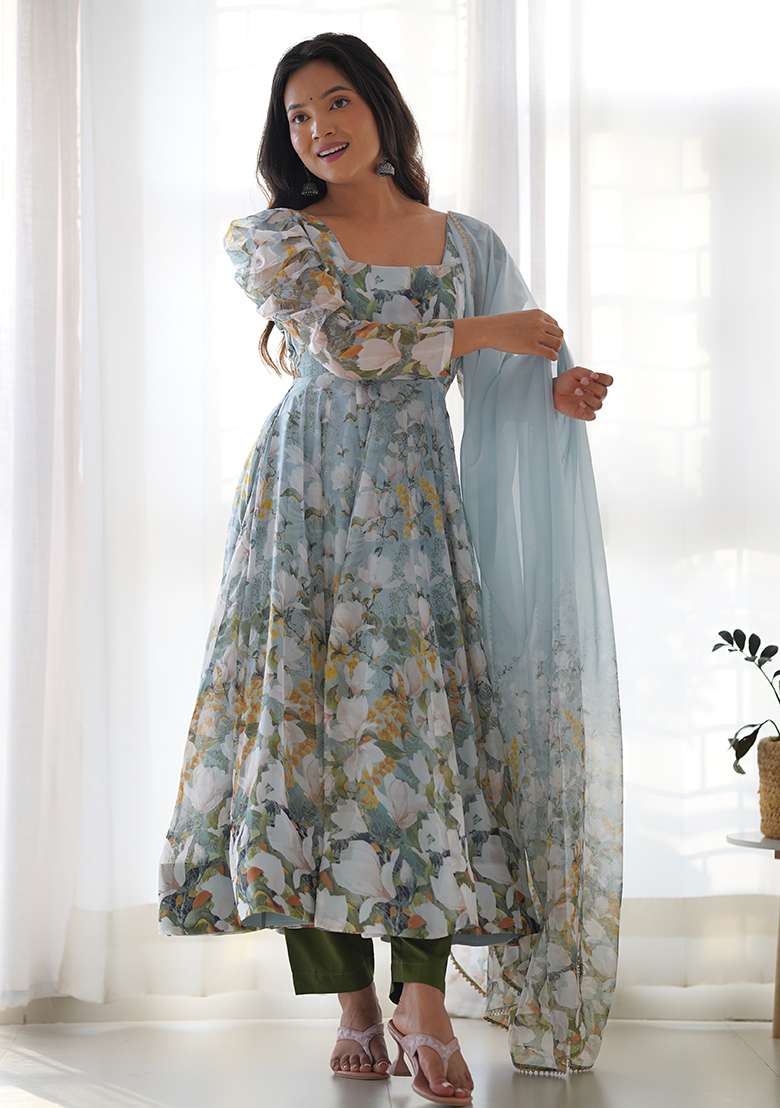 Sky Blue Floral Print Organza Anarkali Set - Indya