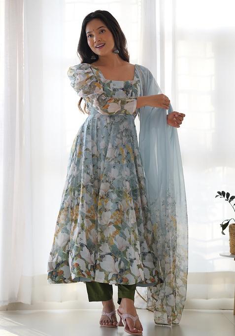 Sky Blue Printed Organza Salwar Kameez