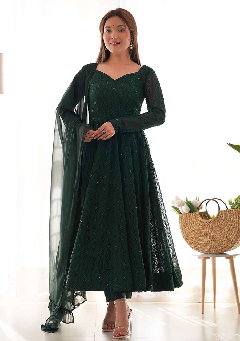 Green Sequin Work Georgette Anarkali Set - Indya