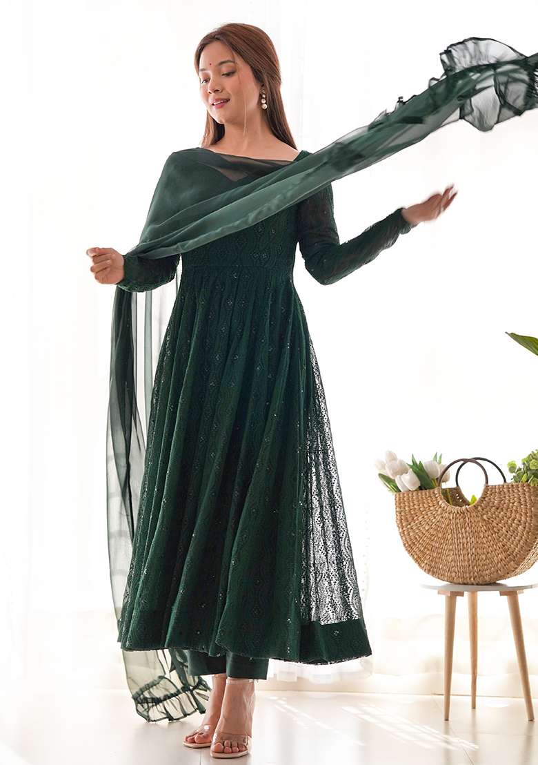 Green Sequin Work Georgette Anarkali Set - Indya