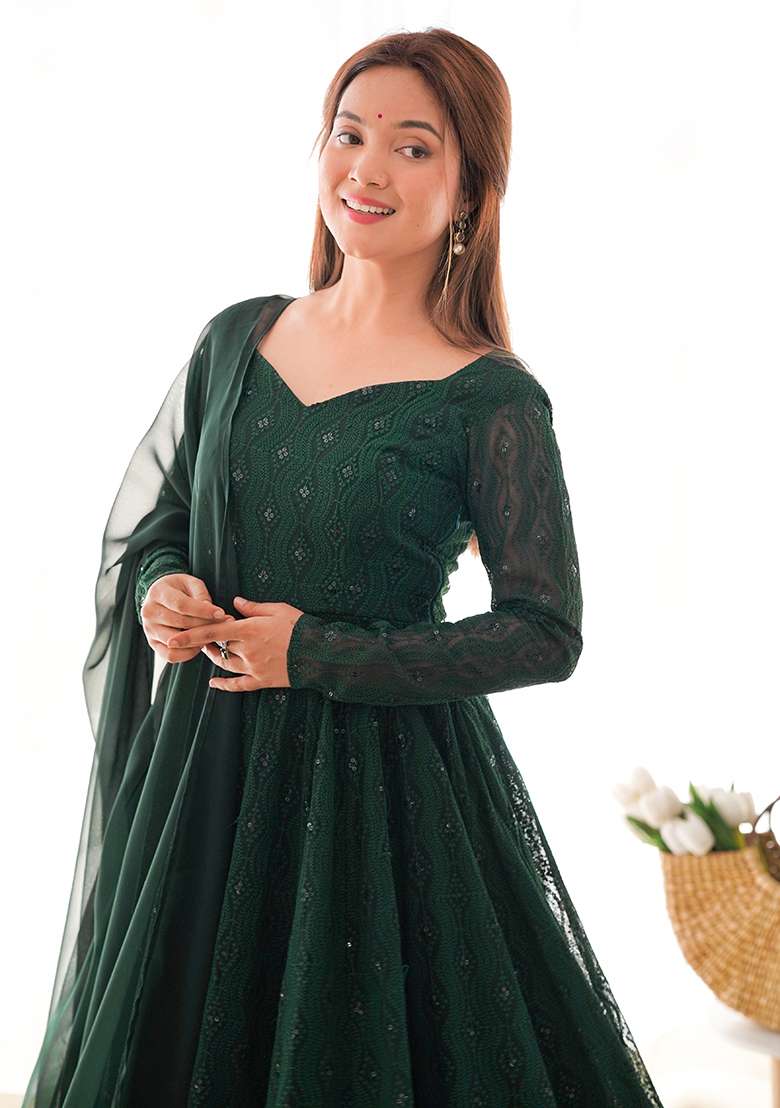 Green Sequin Work Georgette Anarkali Set - Indya