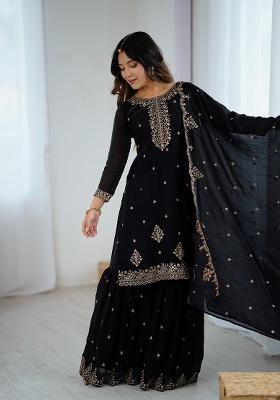 Black Embroidered Silk Blend Sharara Set