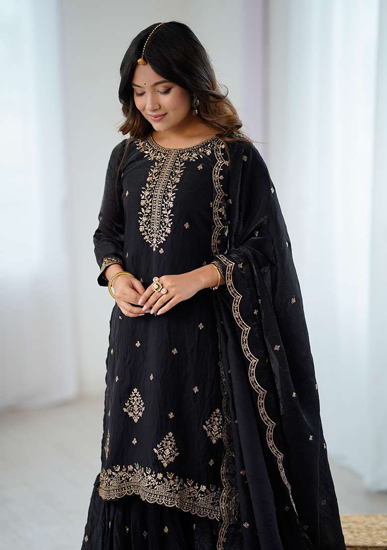 Black Embroidered Silk Blend Sharara Set - Indya