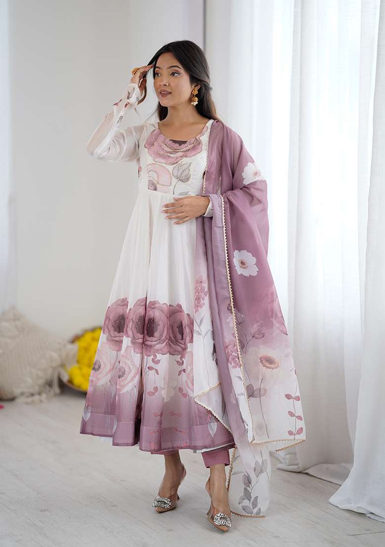 Off White Floral Print Organza Anarkali Set - Indya
