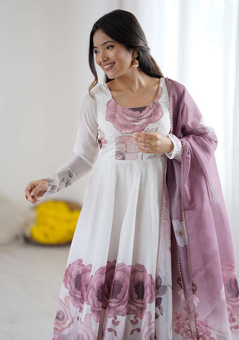 Off White Floral Print Organza Anarkali Set - Indya