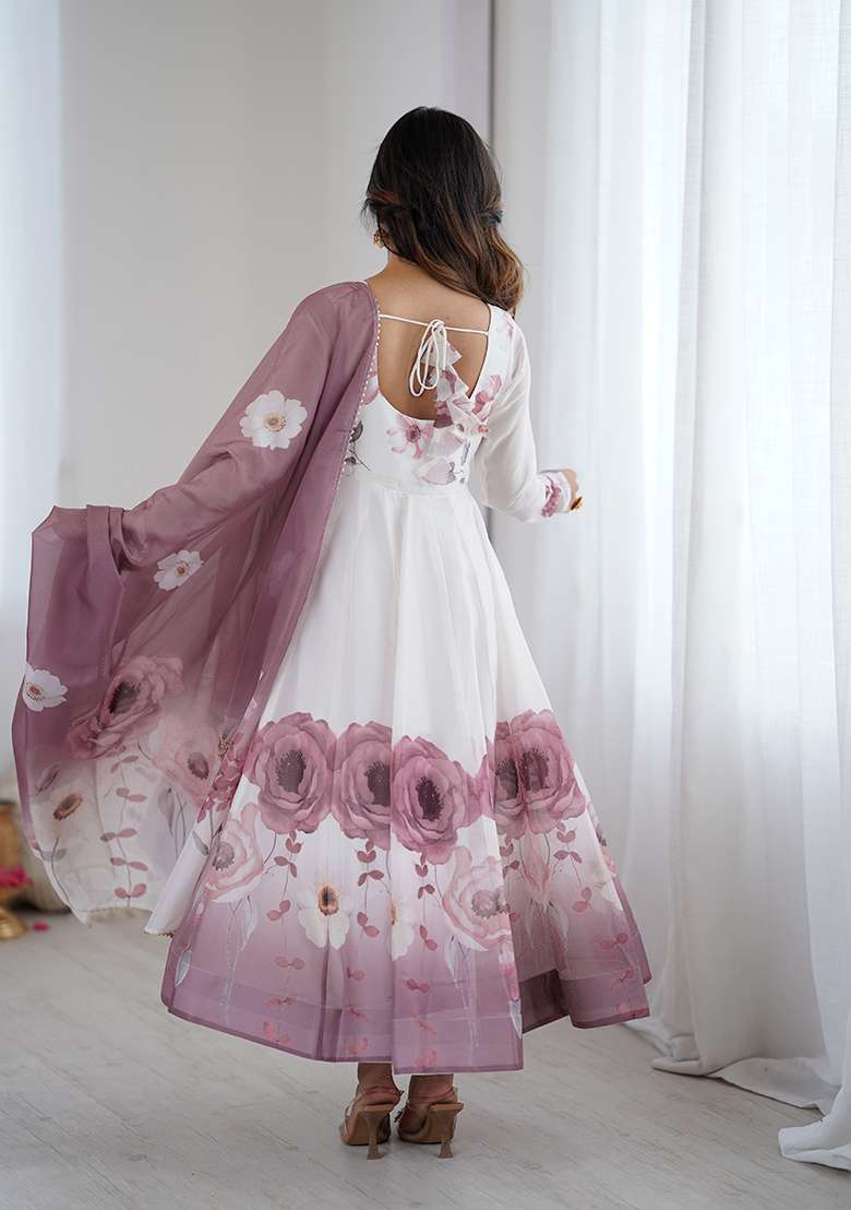Off White Floral Print Organza Anarkali Set - Indya
