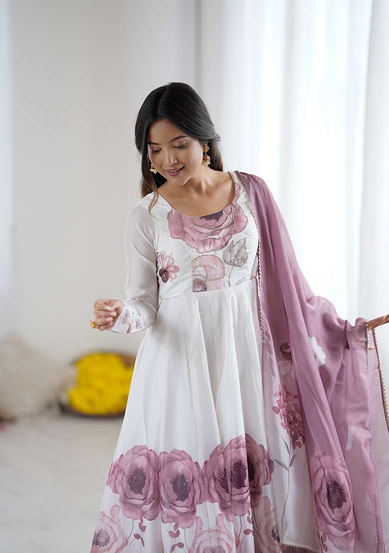 Off White Floral Print Organza Anarkali Set - Indya