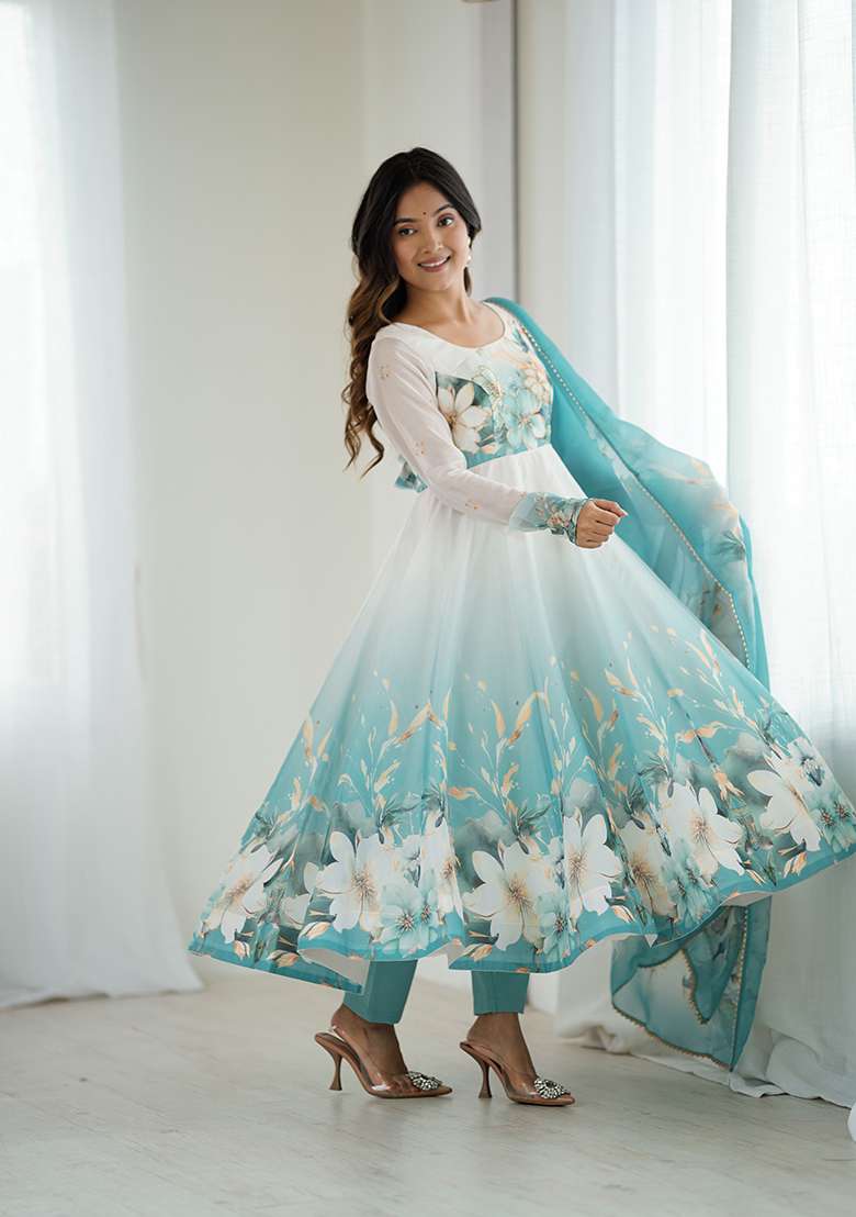 Aqua Blue Floral Print Organza Anarkali Set - Indya