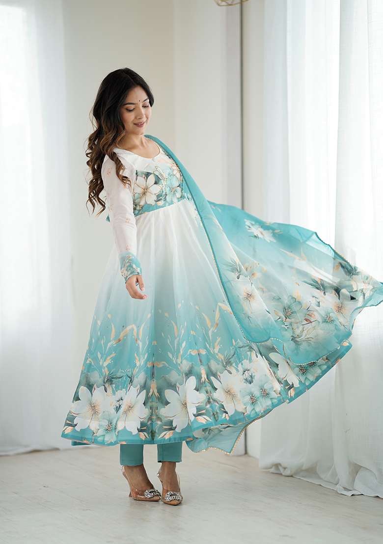 Aqua Blue Floral Print Organza Anarkali Set - Indya